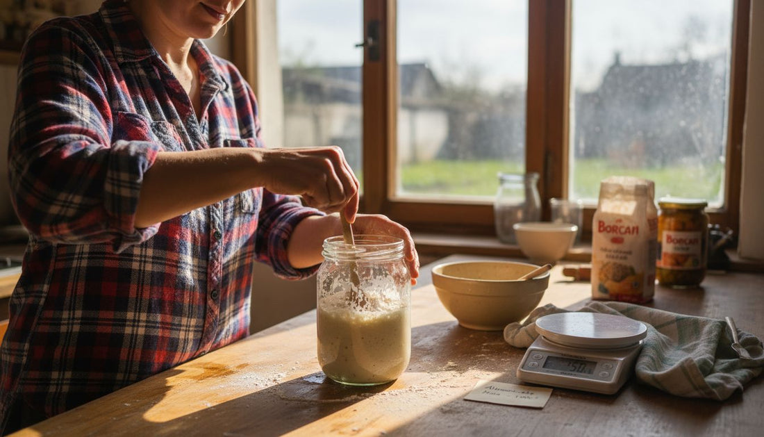 O femeie amestecă maiaua într-o bucătărie de acasă, pregătind aluatul pentru pâine.