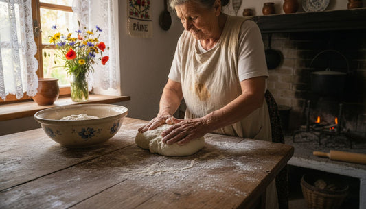 O bătrână frământă aluatul de pâine într-o bucătărie tradițională, cu miros de casă și amintiri din copilărie.