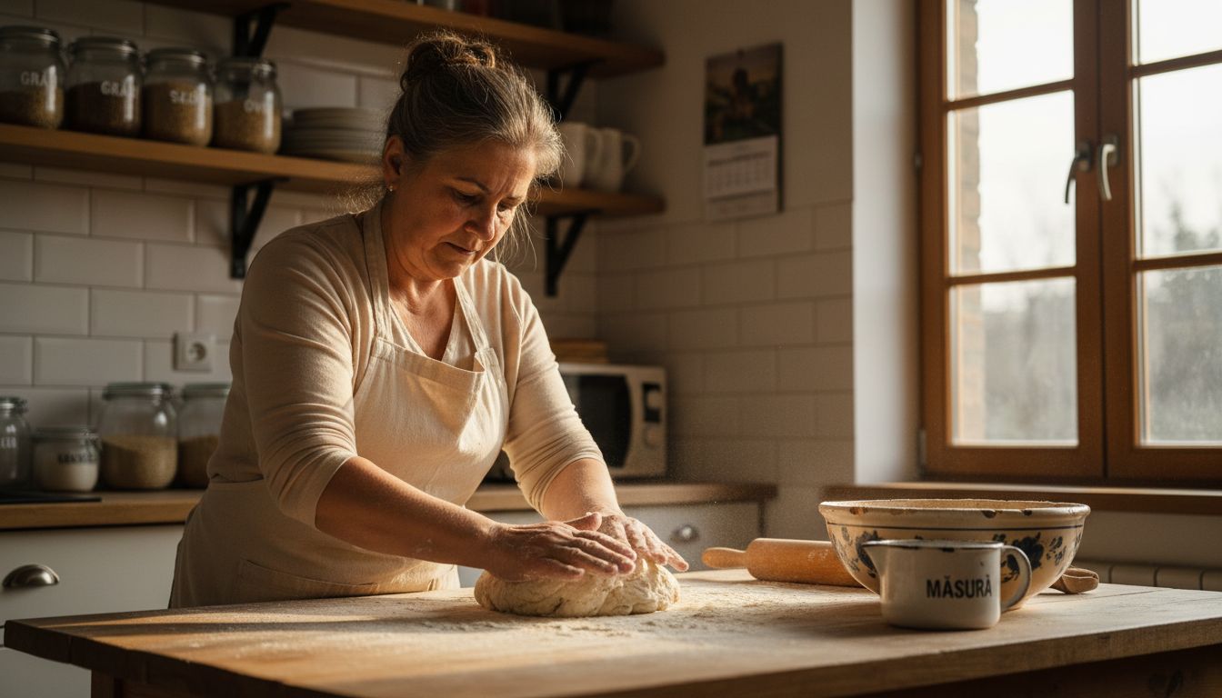 Un pasionat al pâinii frământă aluat de maia pe blatul din lemn al bucătăriei, pregătind cu răbdare o pâine gustoasă de casă.