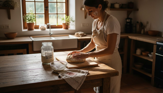 Un pasionat de brutărie pregătește cu grijă o pâine cu maia proaspăt dospită, modelând aluatul înainte de coacere.