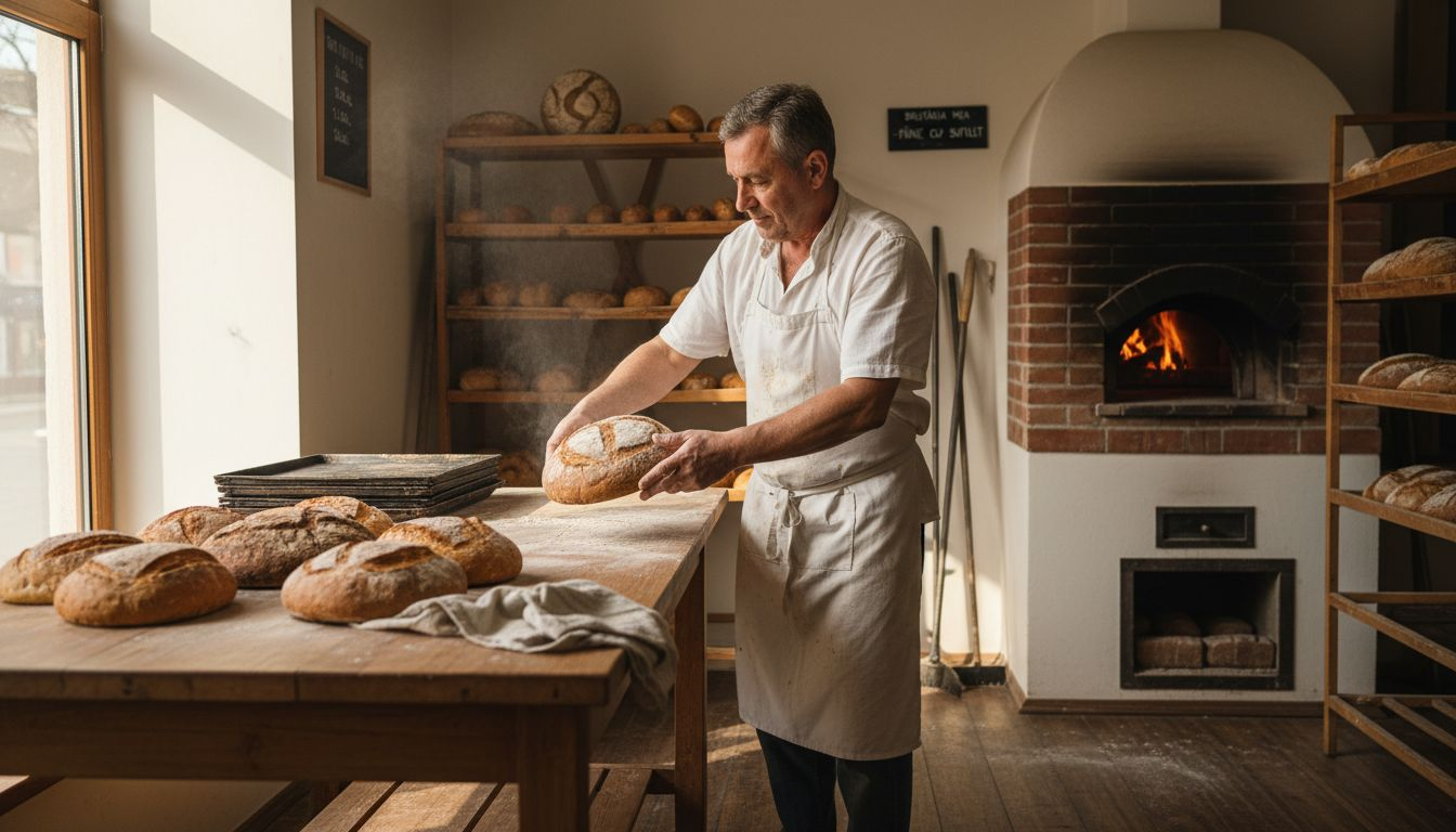 Brutarul scoate o pâine aburindă, cu coajă crocantă, direct din cuptor.